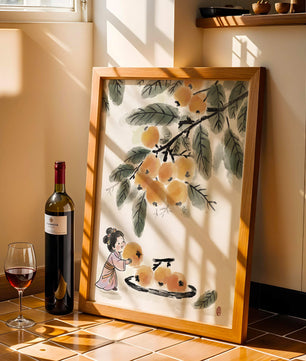 Arte japonés con una niña recogiendo caquis bajo un árbol