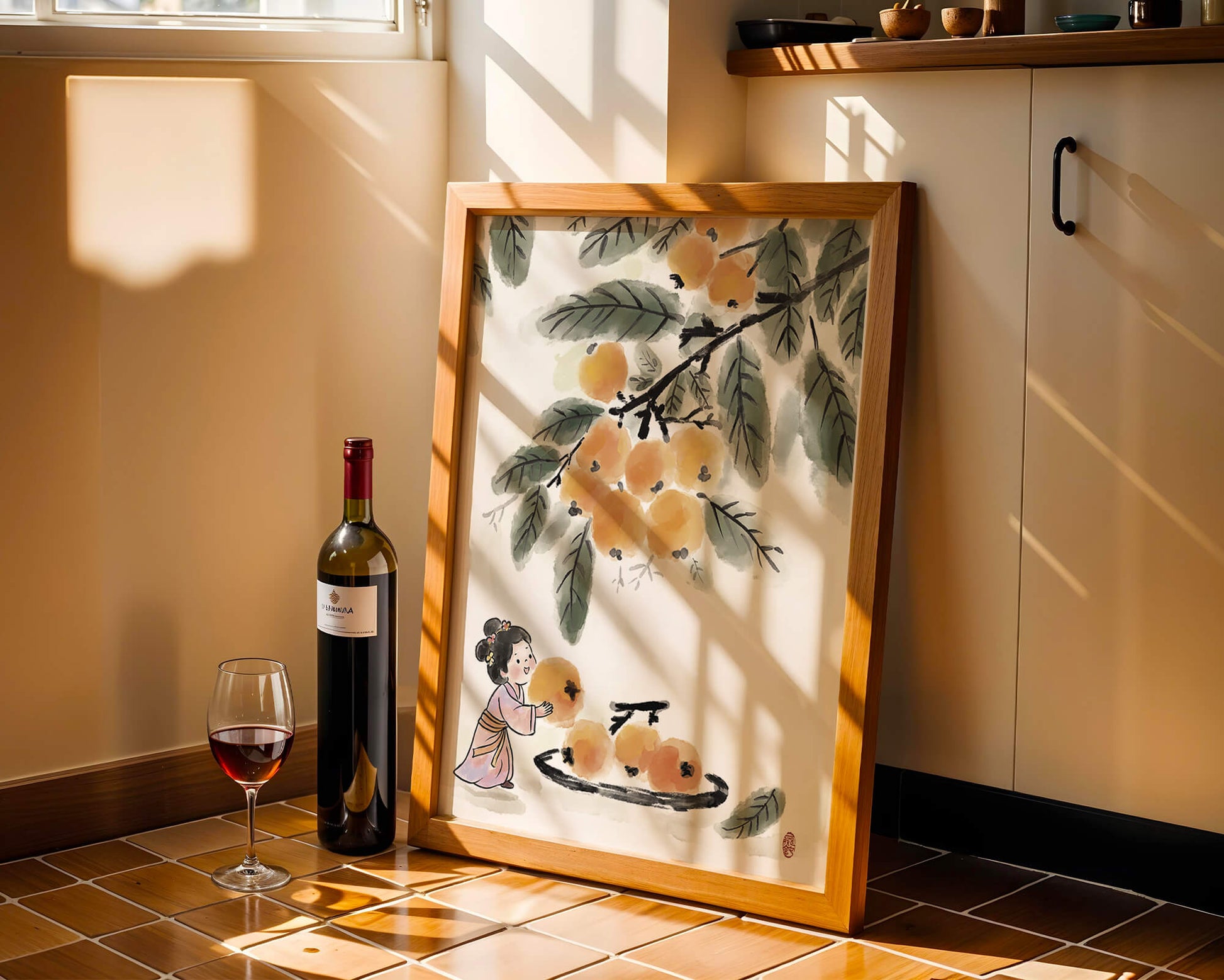 Arte japonés con una niña recogiendo caquis bajo un árbol