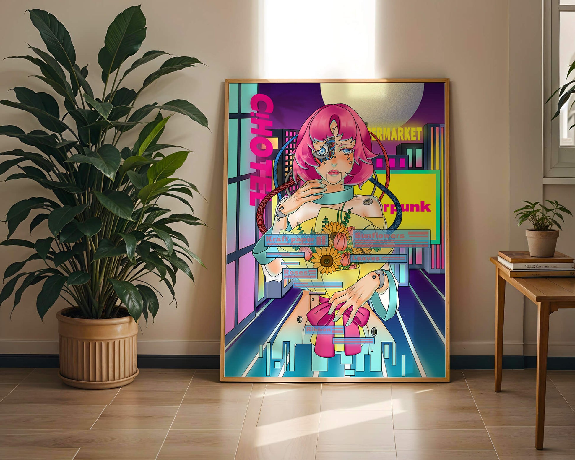 Futuristic cyberpunk woman with a bouquet of flowers in a neon cityscape