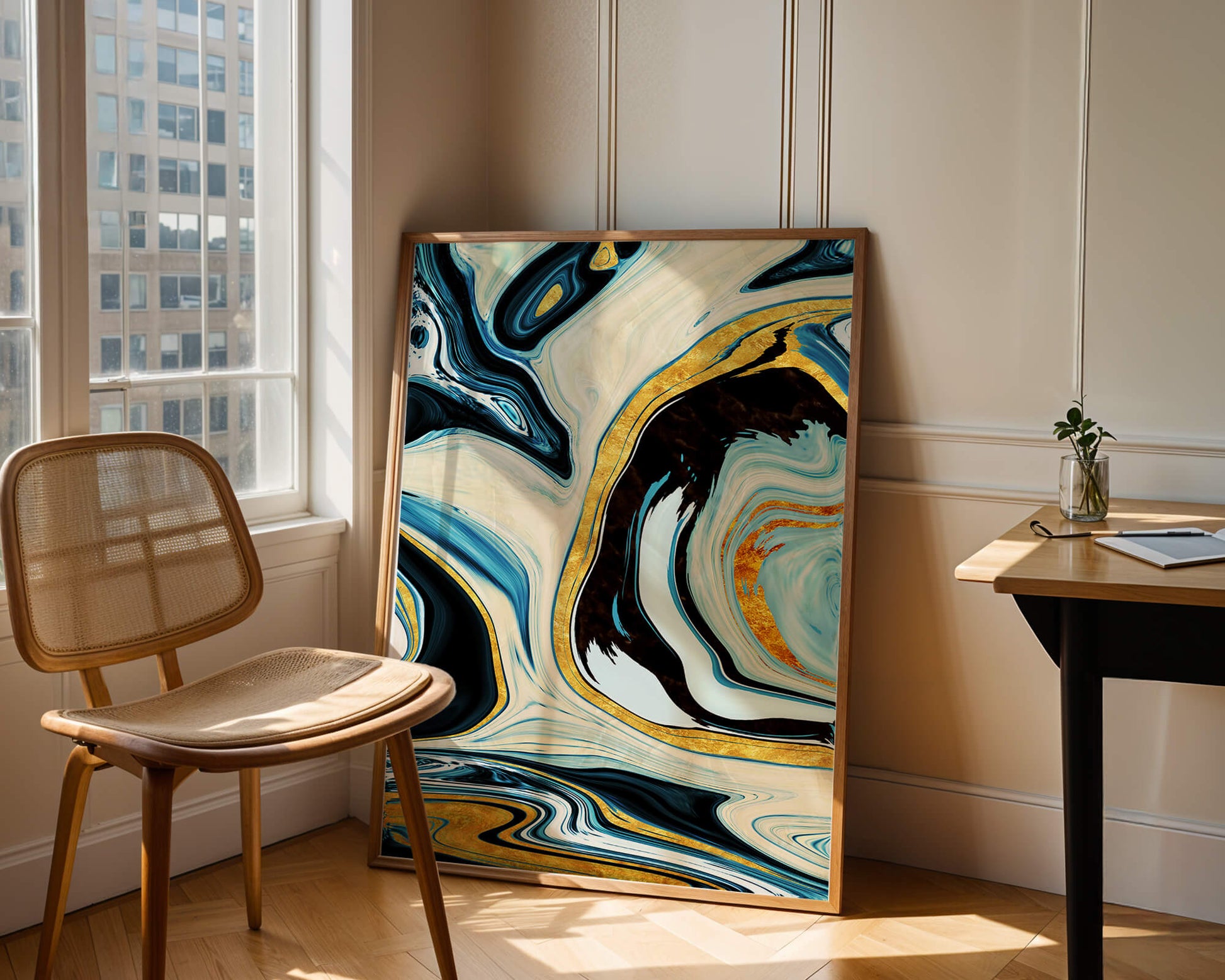 Abstract Marble Art with Gold Accents in Blue and Black Swirls