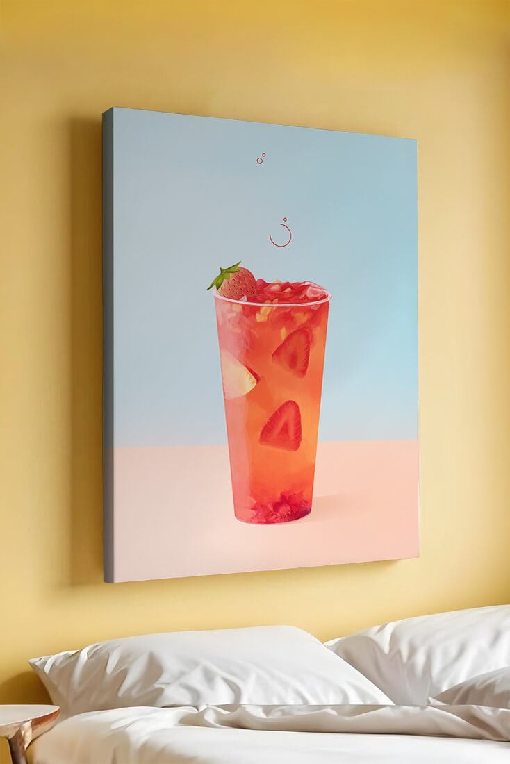 Refreshing strawberry drink with floating slices on pastel background