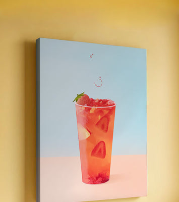 Refreshing strawberry drink with floating slices on pastel background