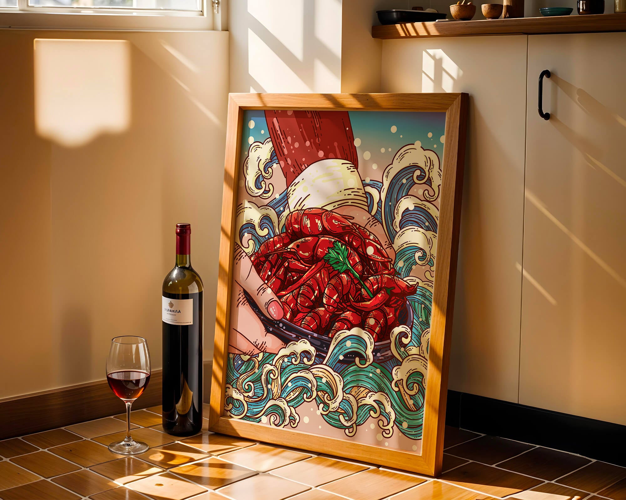 Colorful Cartoon Illustration of Hand Holding Crawfish Over Decorative Waves