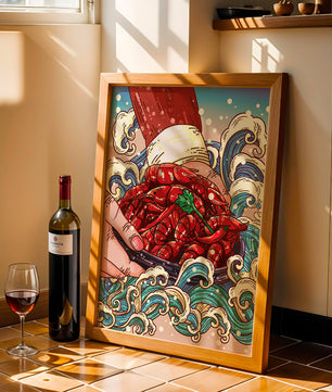 Colorful Cartoon Illustration of Hand Holding Crawfish Over Decorative Waves