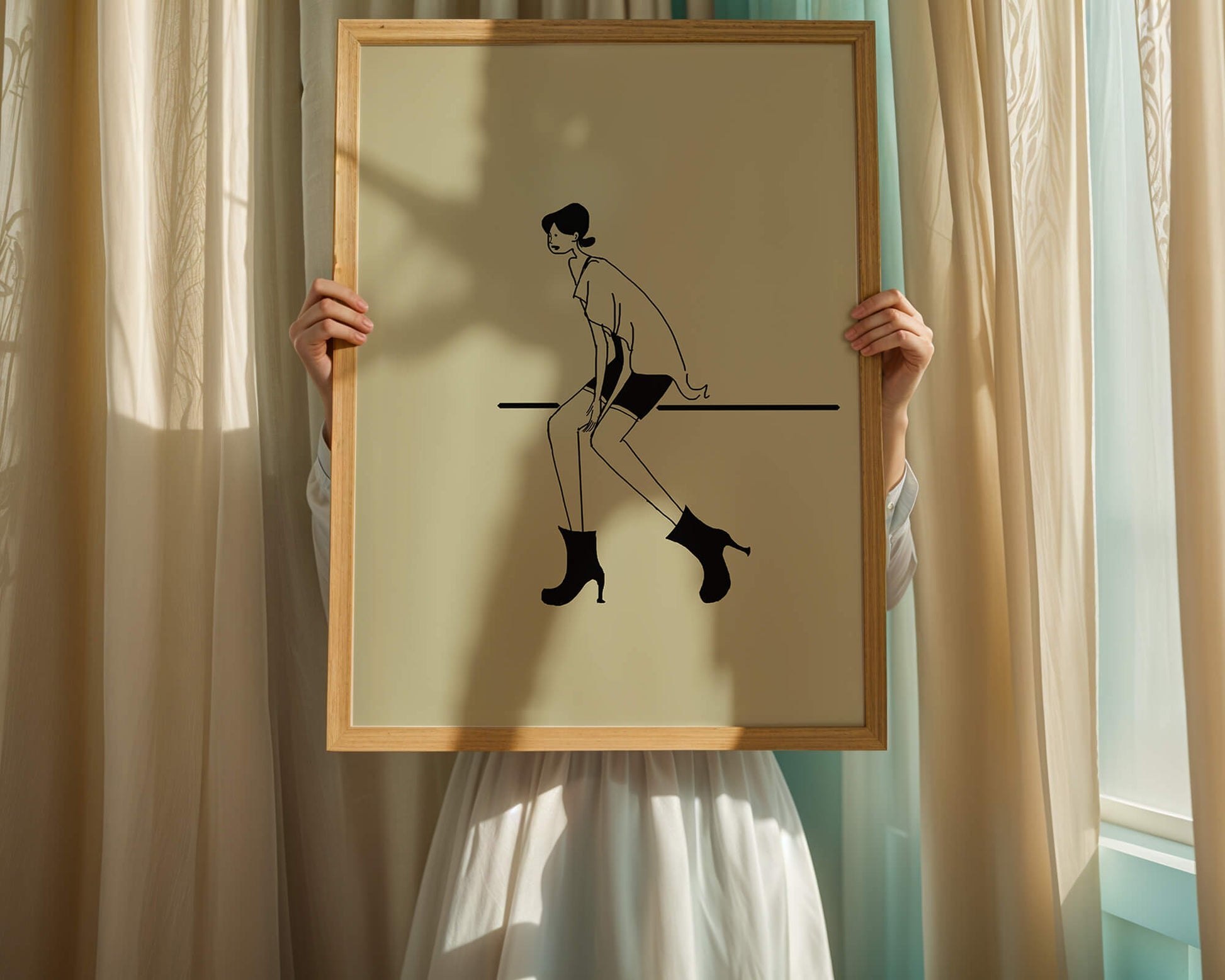 Schicke minimalistische Illustration einer sitzenden Frau in stylischen Stiefeln