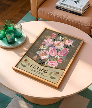 Ilustración acuarela floral con texto motivacional sobre un fondo marrón punteado