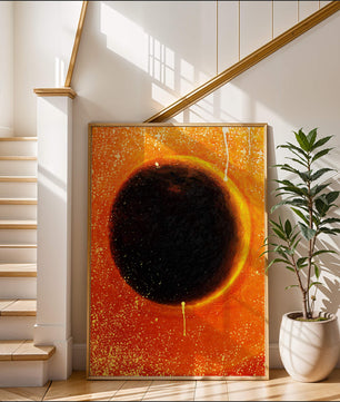 Abstract Representation of a Solar Eclipse with Vibrant Orange and Black Contrast