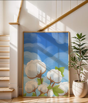 Künstlerische Illustration von Baumwollpflanzen vor einem klaren blauen Himmel