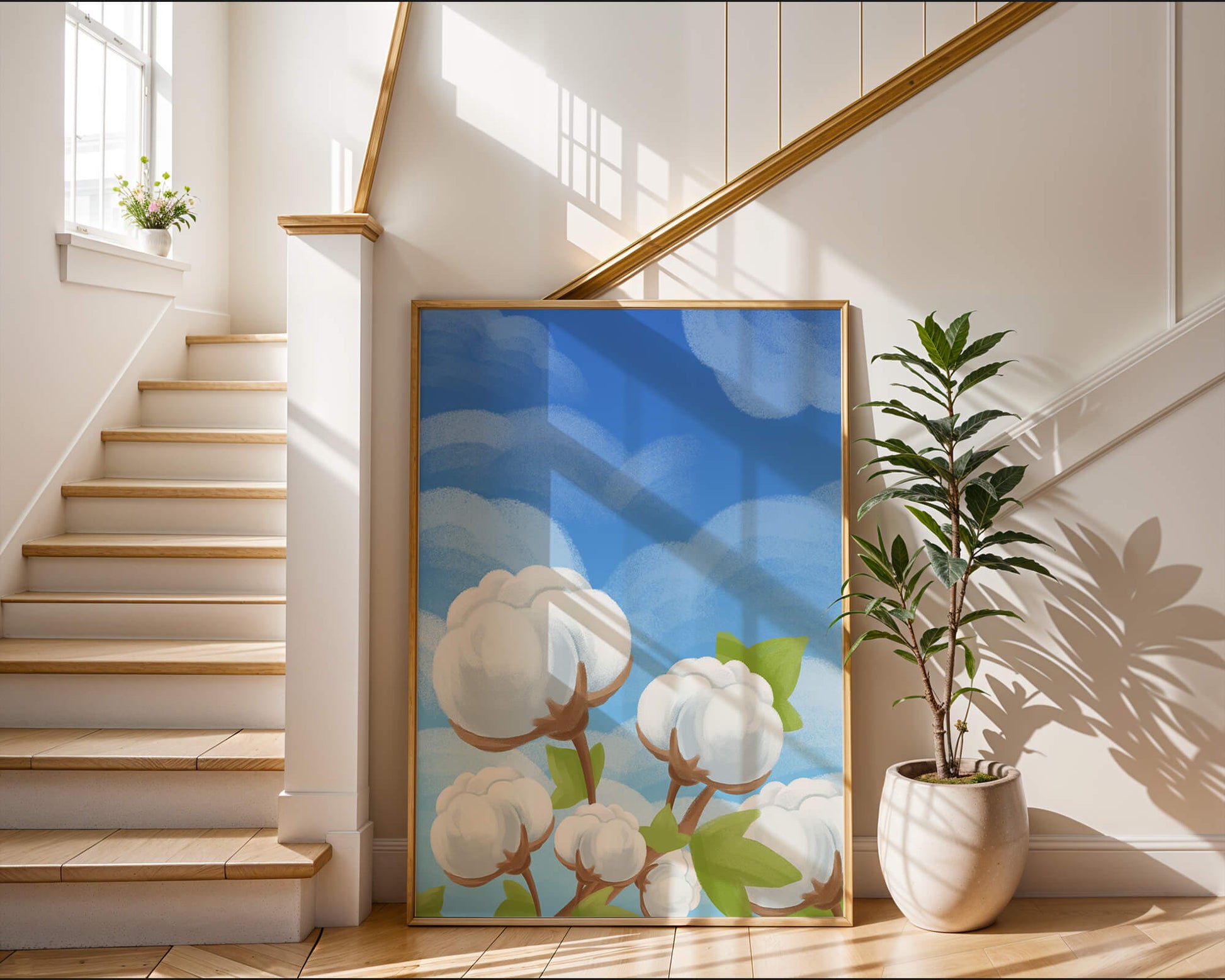 Künstlerische Illustration von Baumwollpflanzen vor einem klaren blauen Himmel