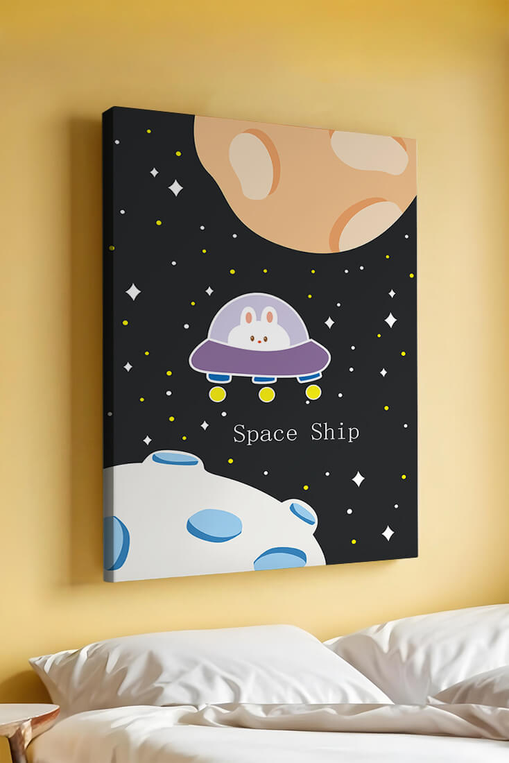 Cute bunny in spaceship with planets and stars in space illustration