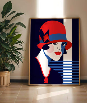Femme élégante de style art déco avec chapeau cloche rouge et motifs géométriques