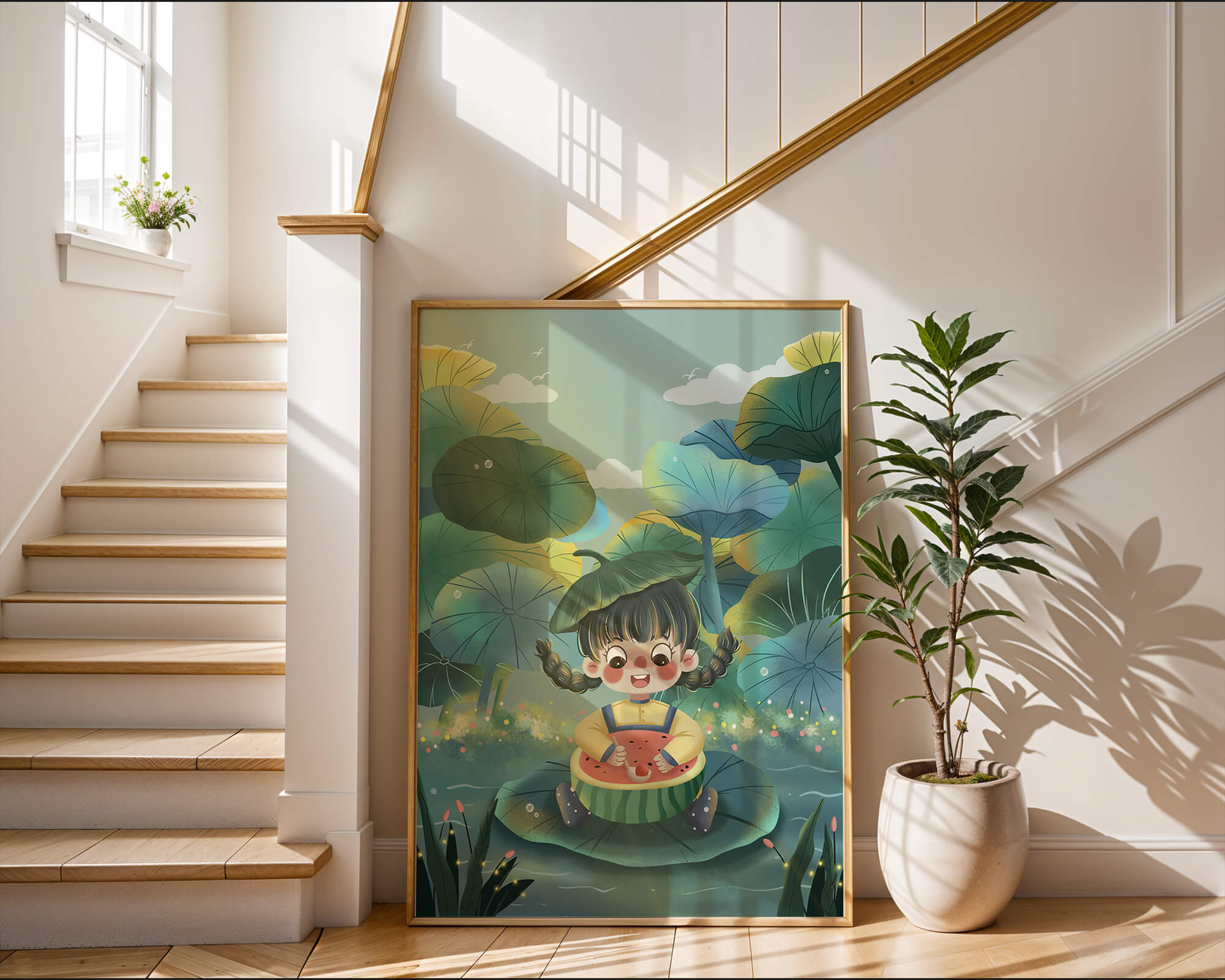 Charming illustration of a child enjoying watermelon amidst whimsical nature