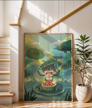 Charming illustration of a child enjoying watermelon amidst whimsical nature