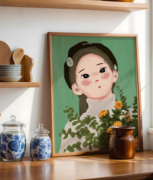 Illustration of a girl with flowers and a beret on a green background