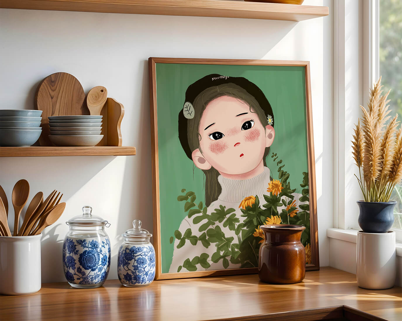 Illustration of a girl with flowers and a beret on a green background