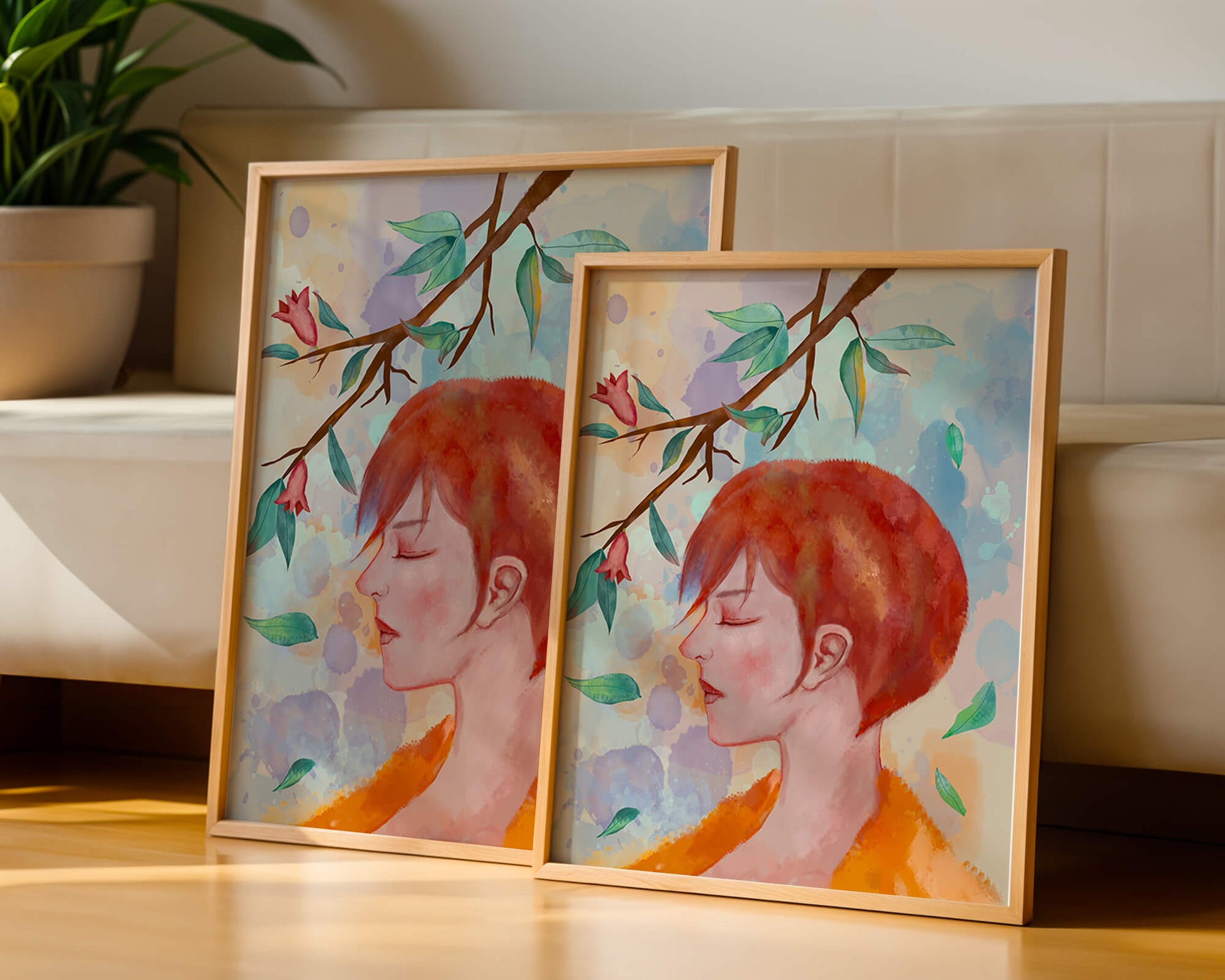 Illustrative artwork of a woman with red hair and floral branch