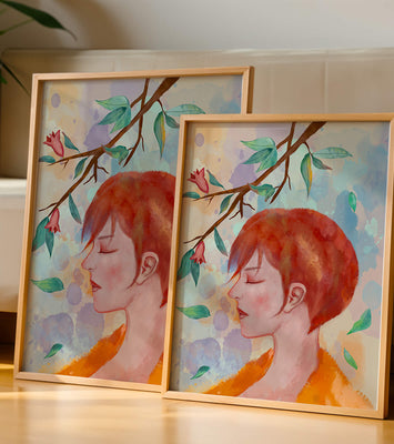Illustrative artwork of a woman with red hair and floral branch