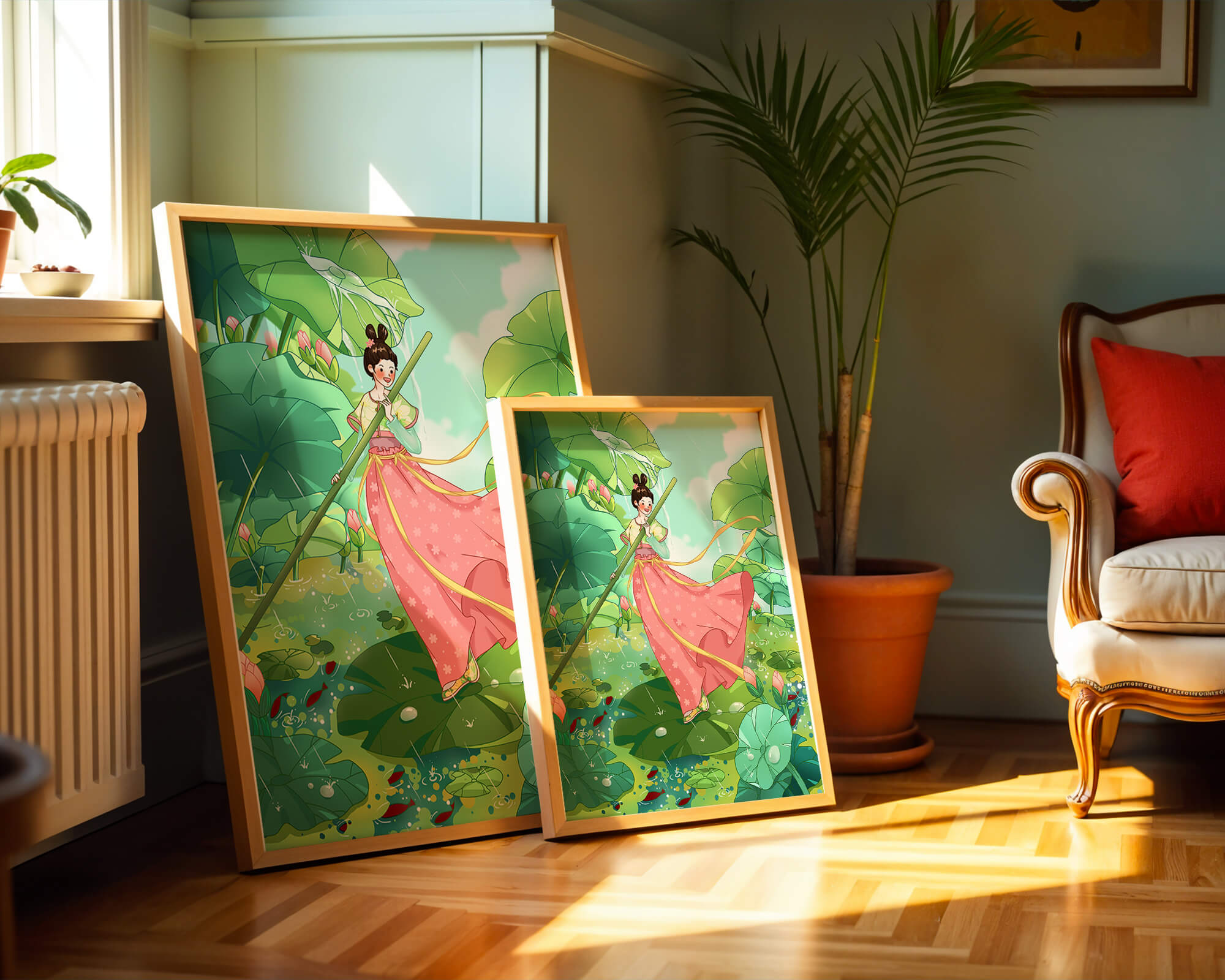 A whimsical scene of a girl in traditional dress among vibrant lotus leaves
