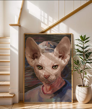 Painted portrait of a sphynx cat wearing a casual cap