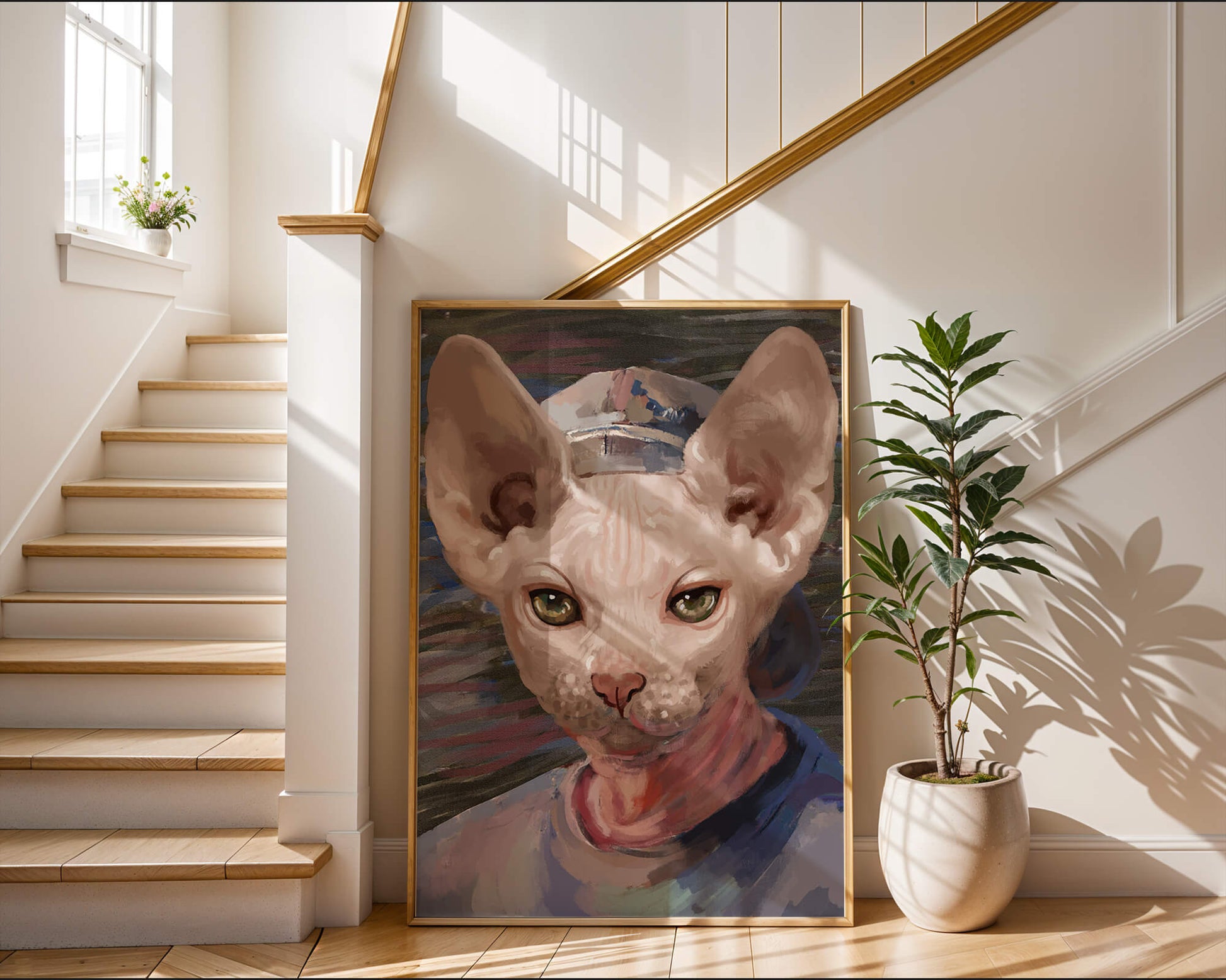 Painted portrait of a sphynx cat wearing a casual cap