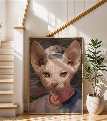 Painted portrait of a sphynx cat wearing a casual cap