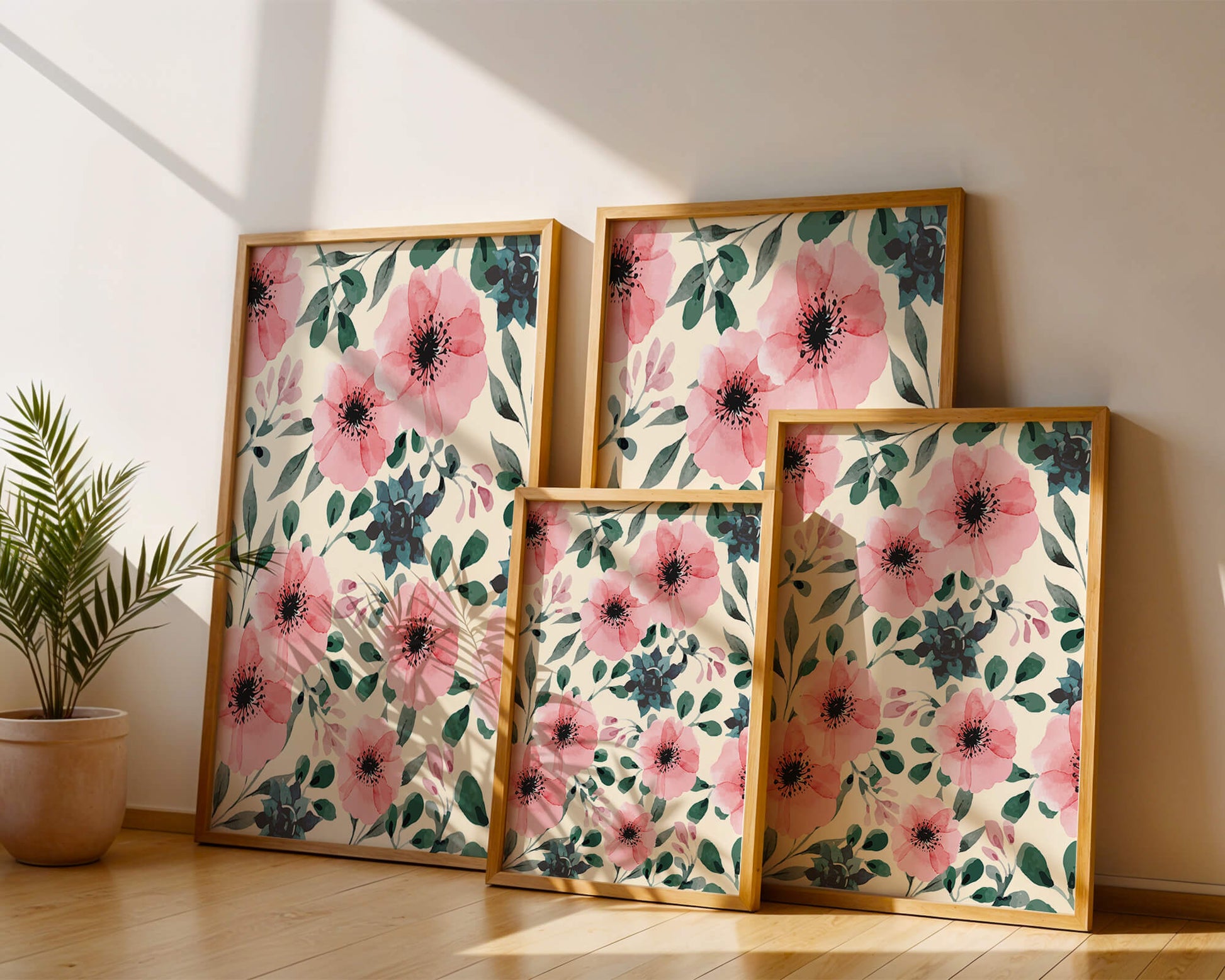 Floral Watercolor Pattern with Pink Flowers and Green Leaves