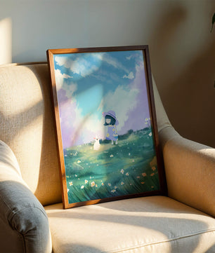 A Little Girl in a Purple Dress and Hat with a White Rabbit in a Flower Field Under a Blue Sky