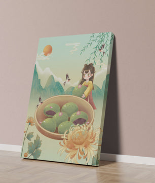 Charming Scene with Traditional Dress and Scenic Landscape Featuring Floral Elements and Birds