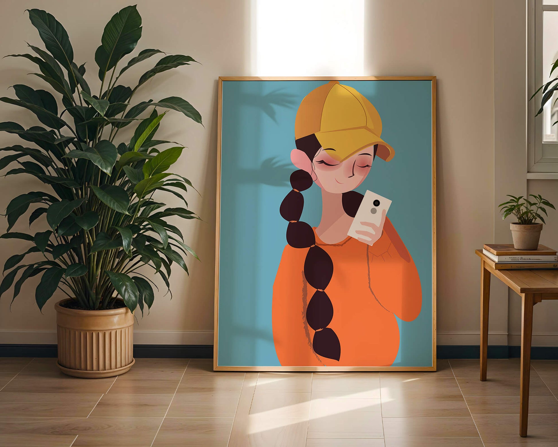 Colorful illustration of a girl with a smartphone