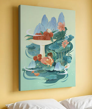Whimsical illustration with girl, lychee, and lotus flowers