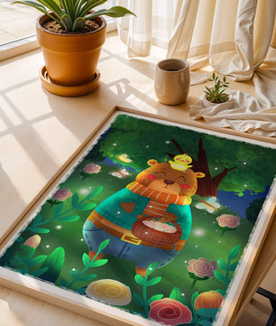 Charming bear in a colorful garden with flowers and fireflies