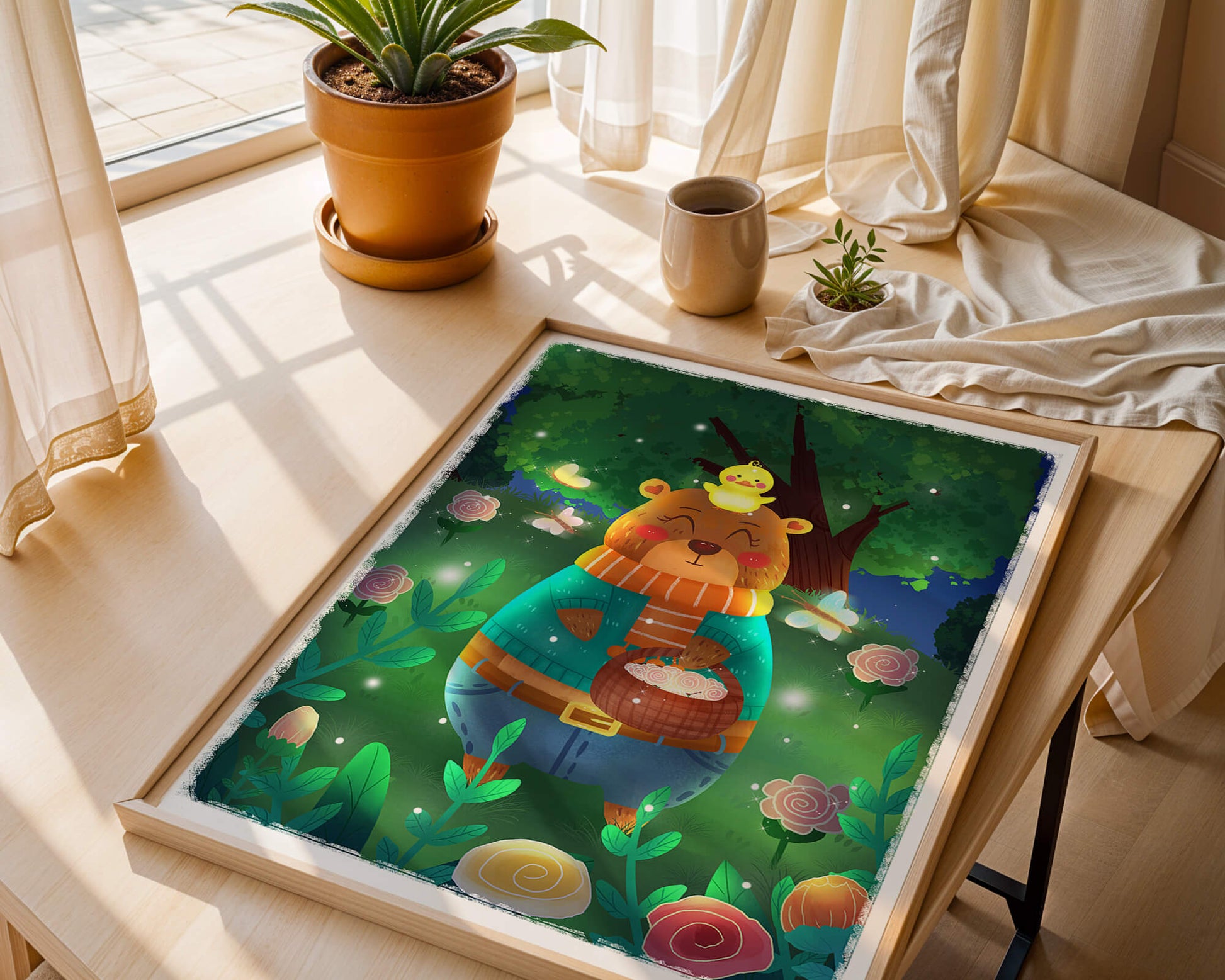 Charming bear in a colorful garden with flowers and fireflies