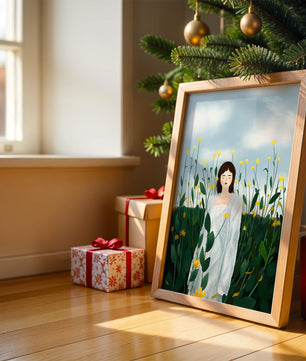 Femme en manteau blanc parmi les fleurs jaunes