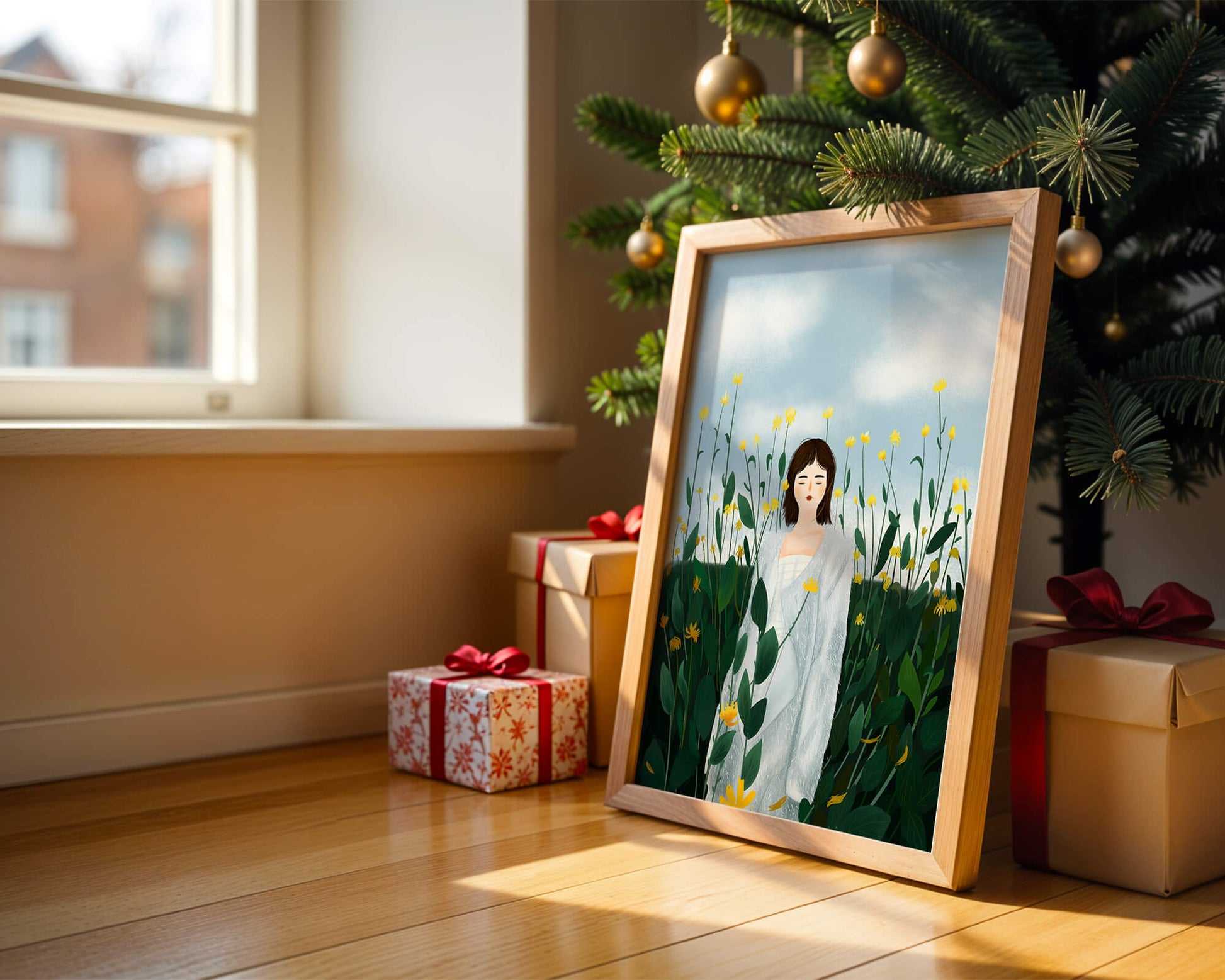 Mujer con abrigo blanco entre flores amarillas