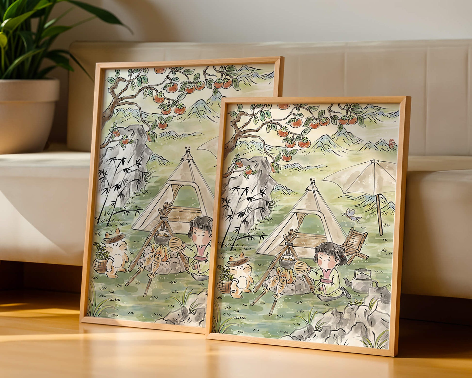 Escena encantadora de camping con un niño y un gato bajo un árbol de caqui