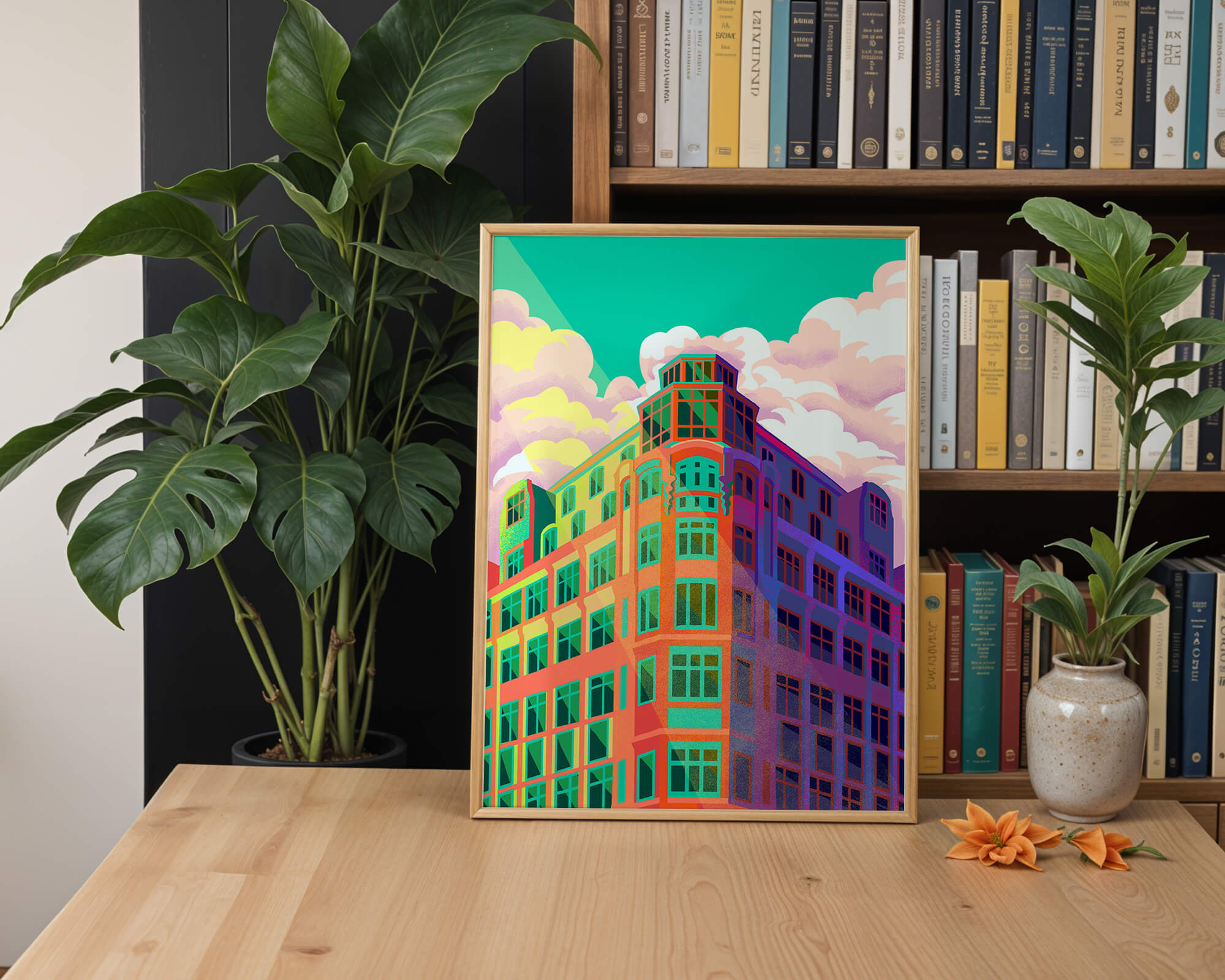 Colorful geometric building with vibrant sky