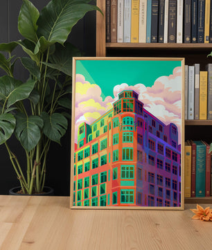 Gebäude mit bunten geometrischen Formen und lebhaftem Himmel