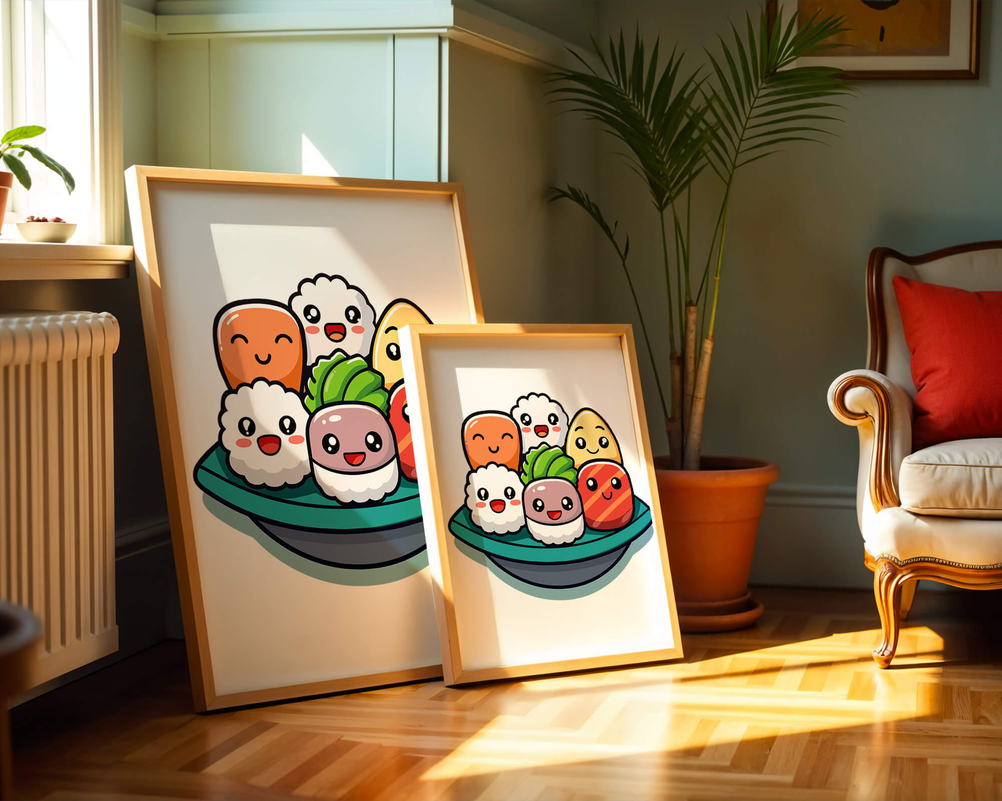 Adorable cartoon sushi characters in a bowl illustration