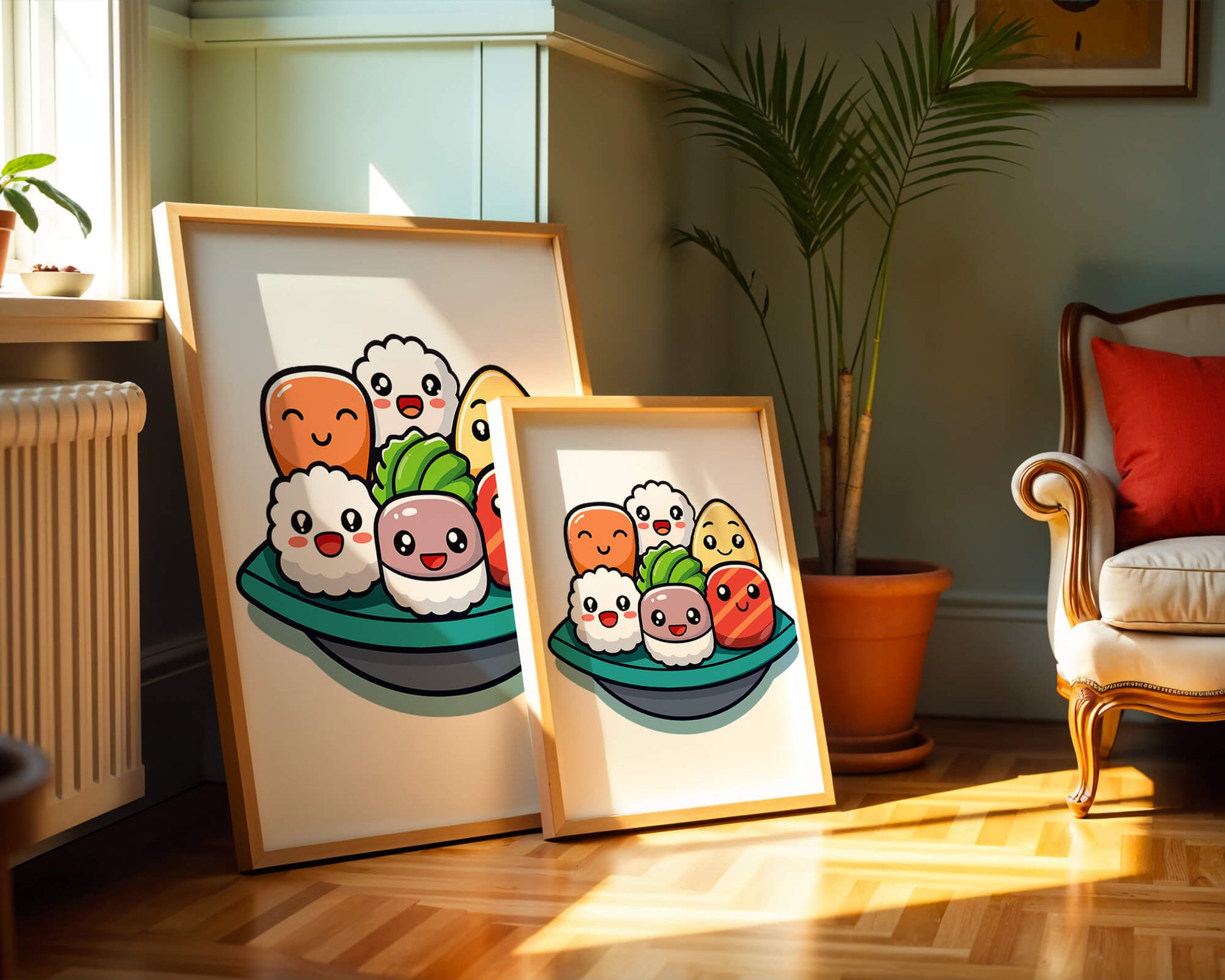 Adorable cartoon sushi characters in a bowl illustration