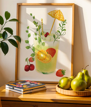 Refreshing summer drink illustration with fruits and greenery