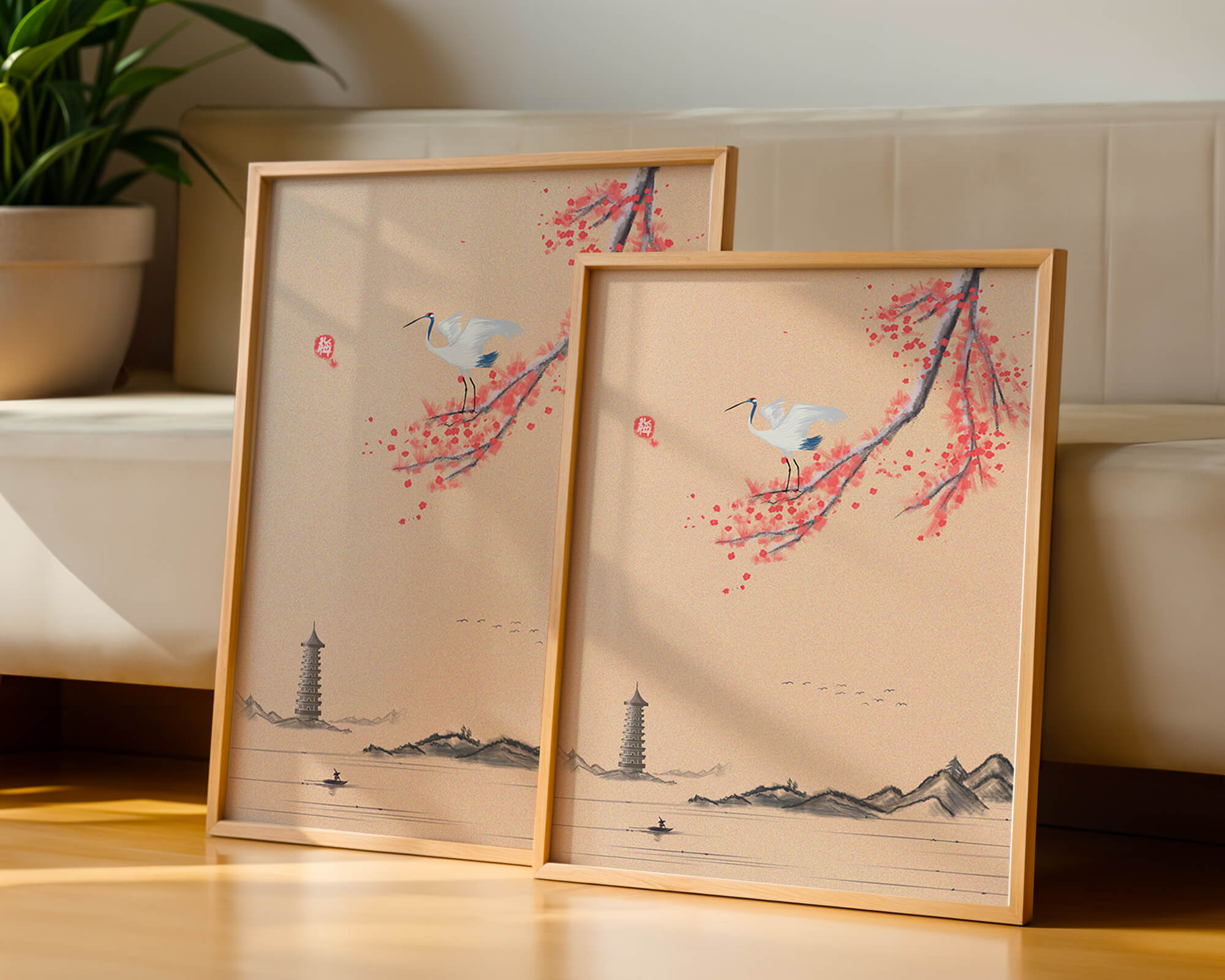 Serene landscape with crane and cherry blossom branch in East Asian style