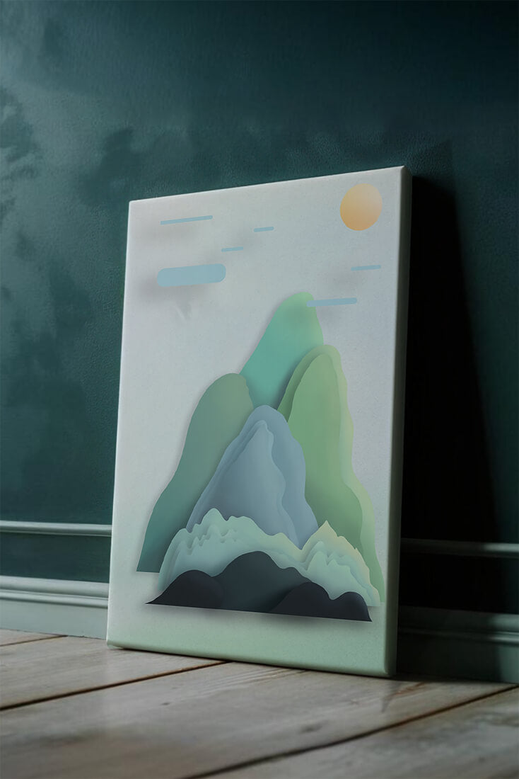 Minimalistic mountain landscape with vibrant colors and abstract layers