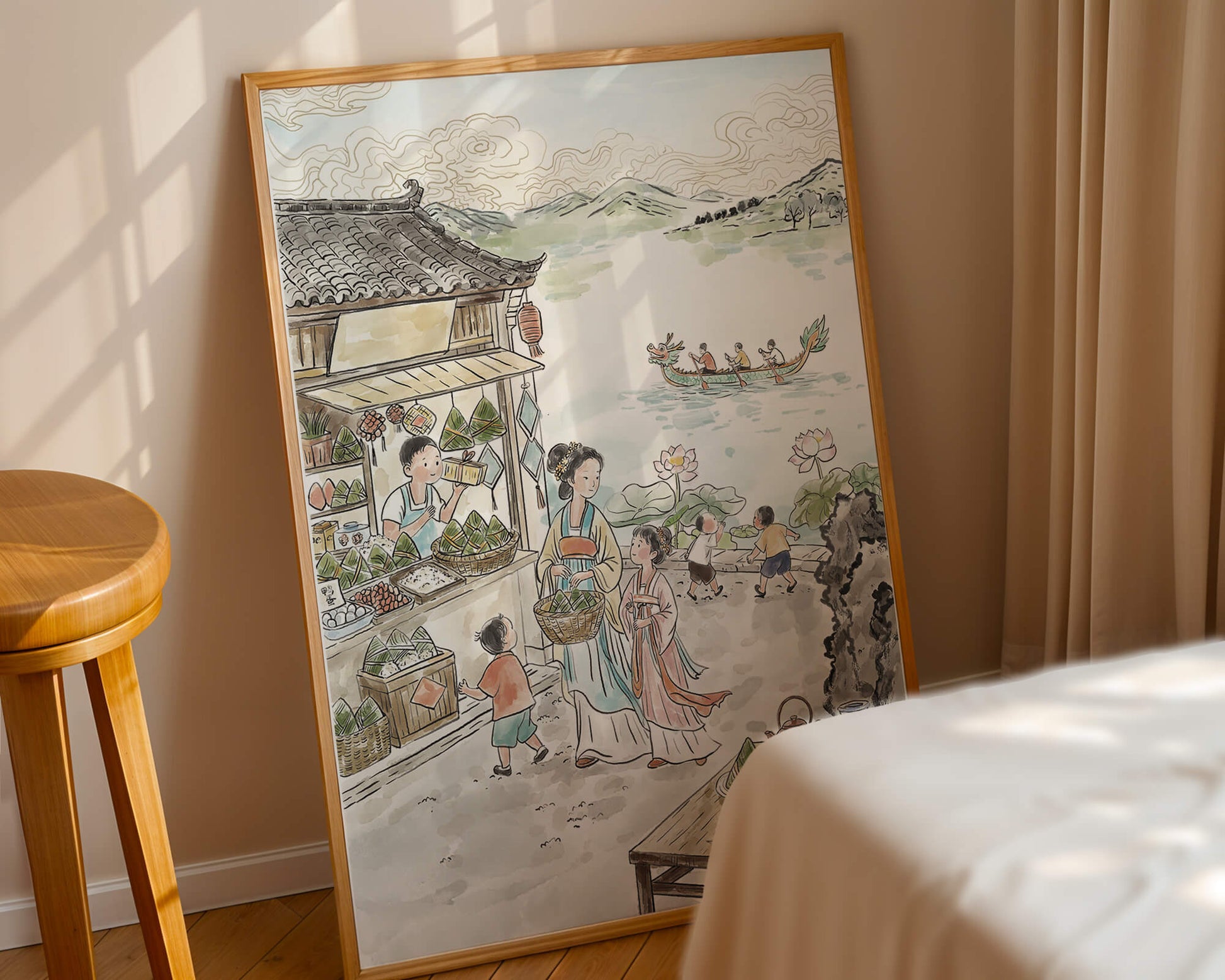 Traditional Chinese Market Scene with Dragon Boat on River
