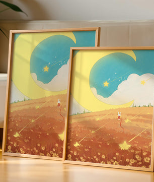 Paisaje nocturno onírico con luna y estrellas en un campo