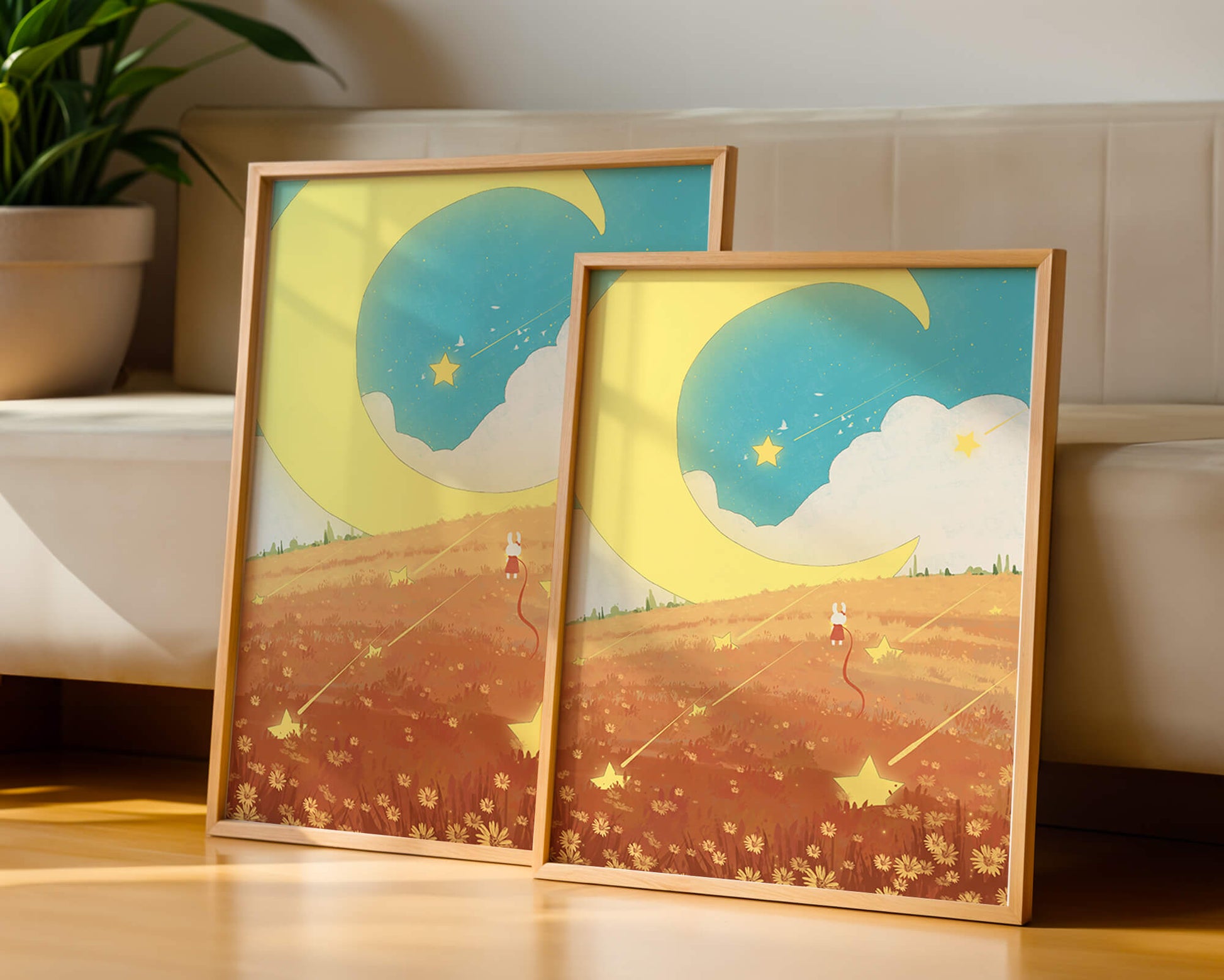 Dreamy Nighttime Landscape with Moon and Stars in a Field