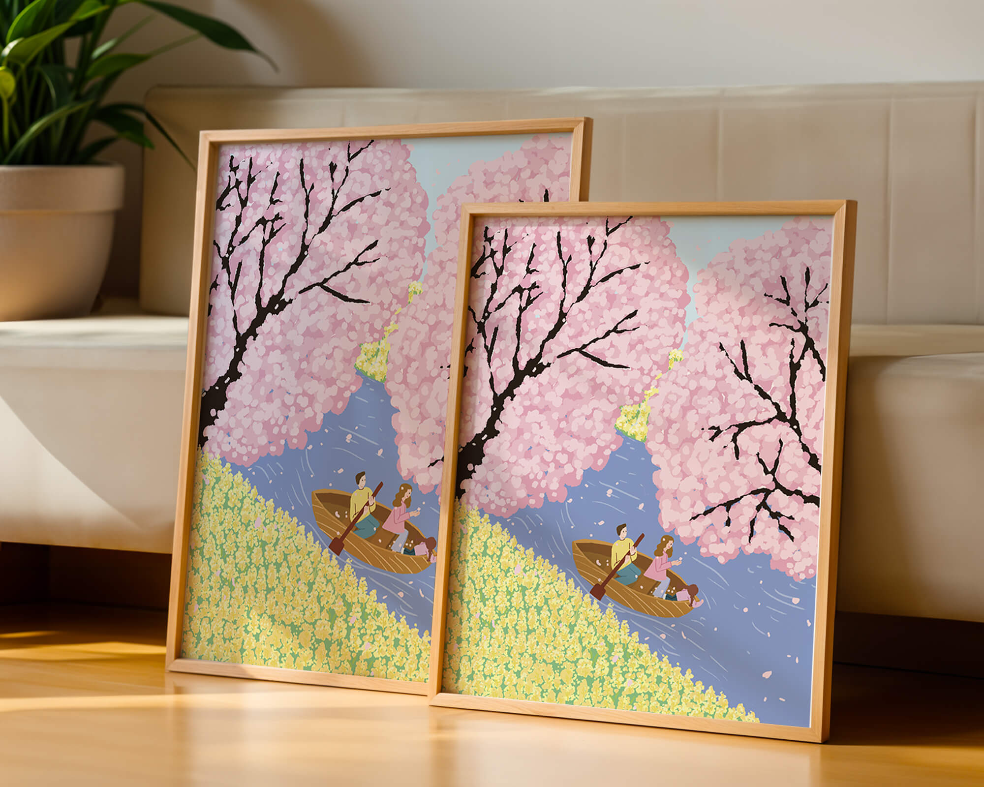 Family Rowing on Serene River with Cherry Blossoms