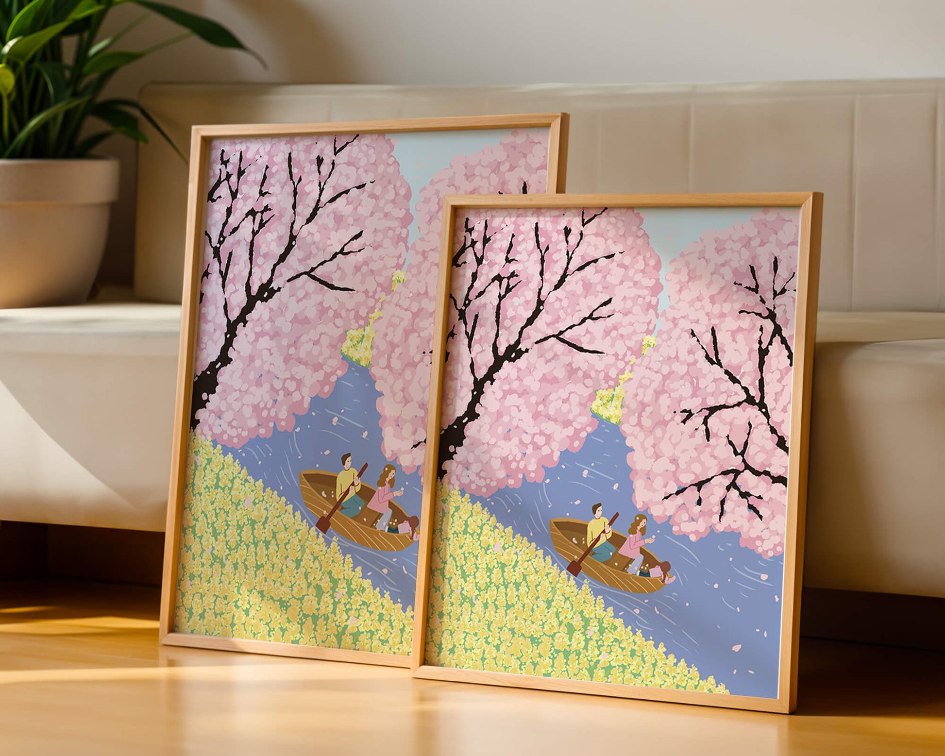 Family Rowing on Serene River with Cherry Blossoms