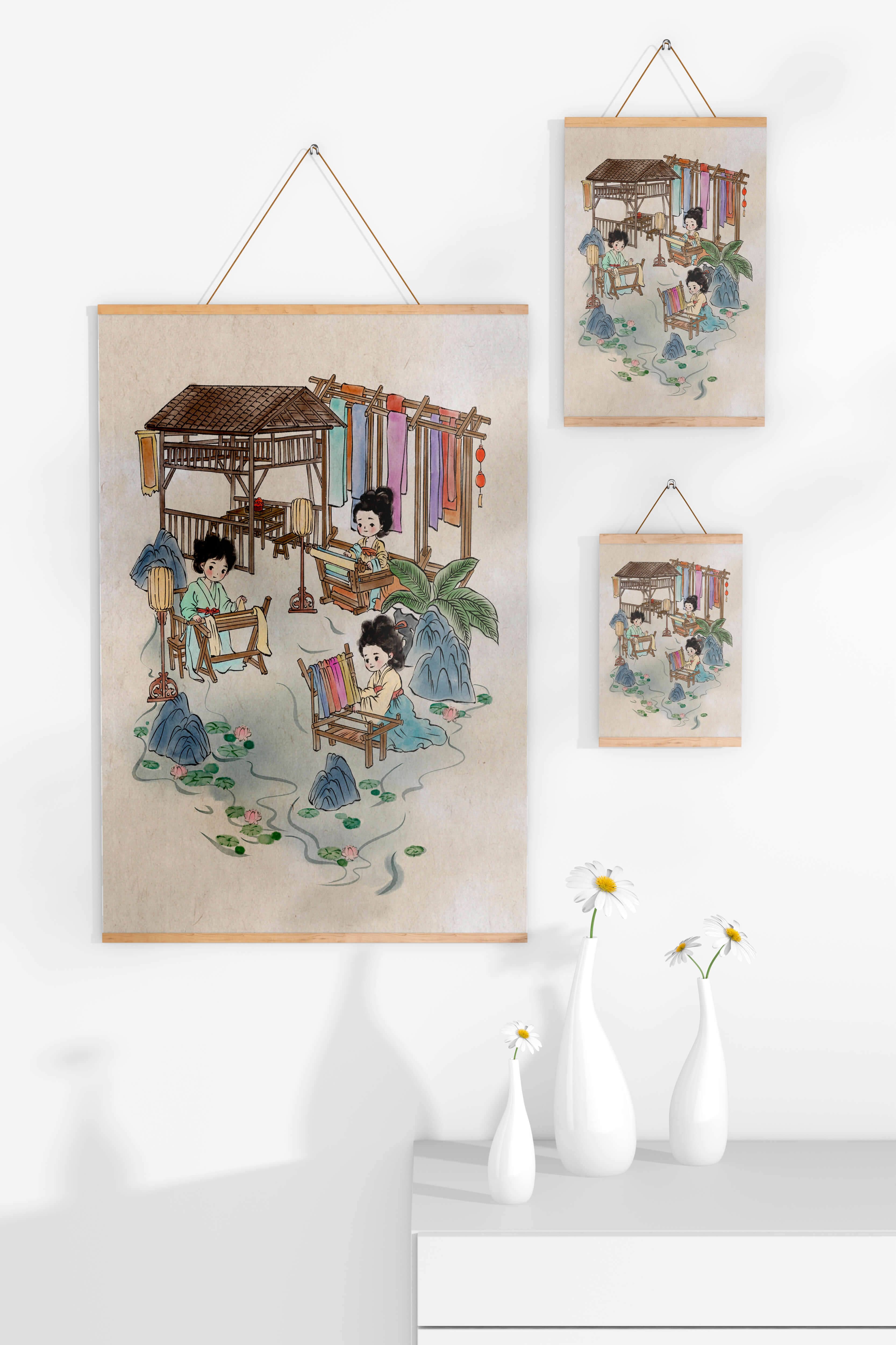 Charming illustration of traditional textile crafts in a serene setting