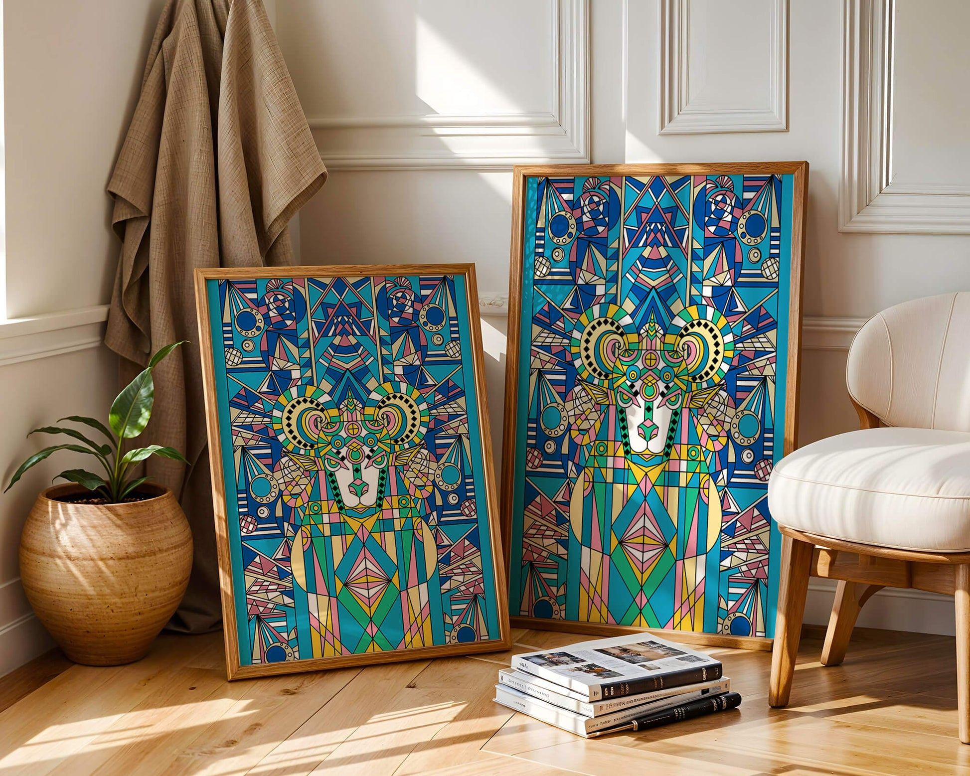 Diseño geométrico colorido de carnero con patrones simétricos