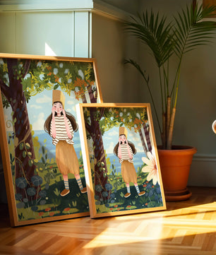 Whimsical Illustration of a Girl in Nature with Golden Hat